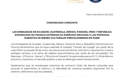 Comunicado conjunto sobre subasta de piezas precolombinas.