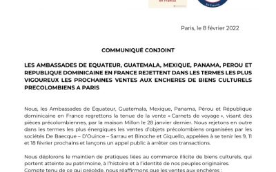 Déclaration conjointe sur la vente aux enchères de pièces prècolombiennes.