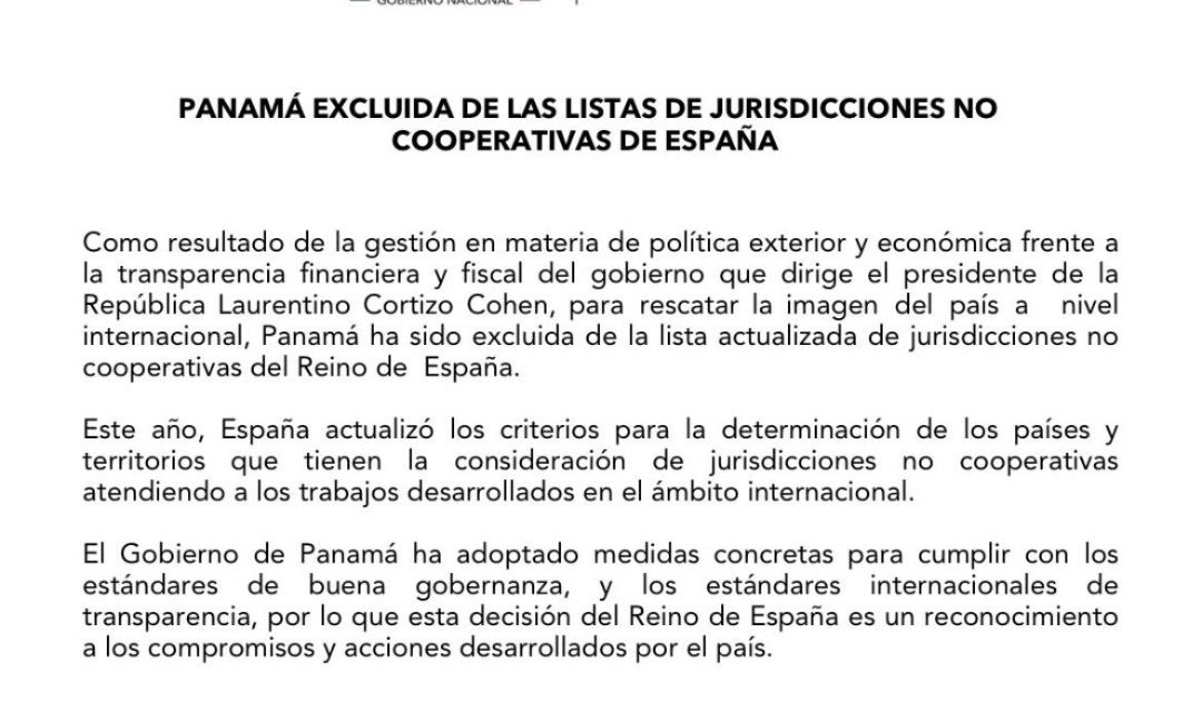 Panamá ha sido excluida de la lista actualizada de jurisdicciones no cooperativas de España.