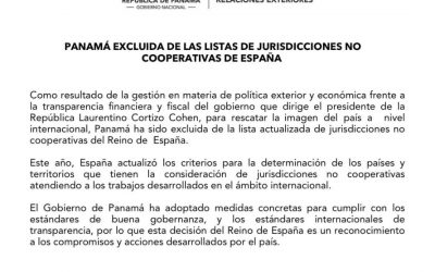 Panamá ha sido excluida de la lista actualizada de jurisdicciones no cooperativas de España.